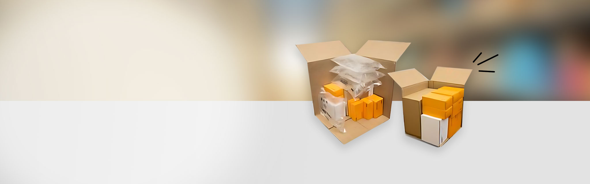 Vergleich: Standardpaket mit Füllmaterial und viel Luft neben einem passgenauen BBI-Karton